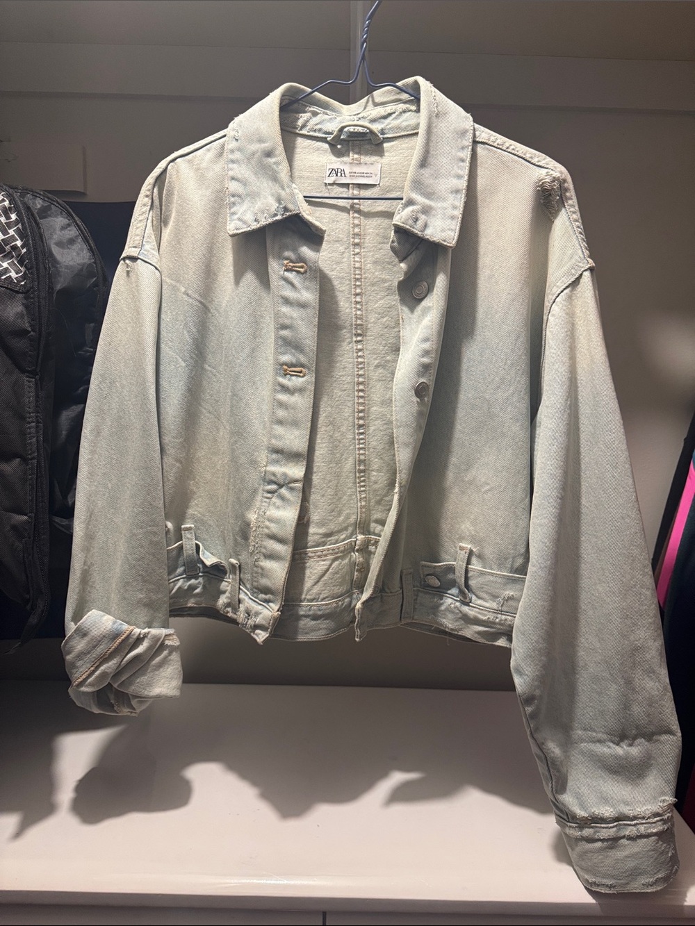 Zara Washed Mint Green Cropped Denim Jacket